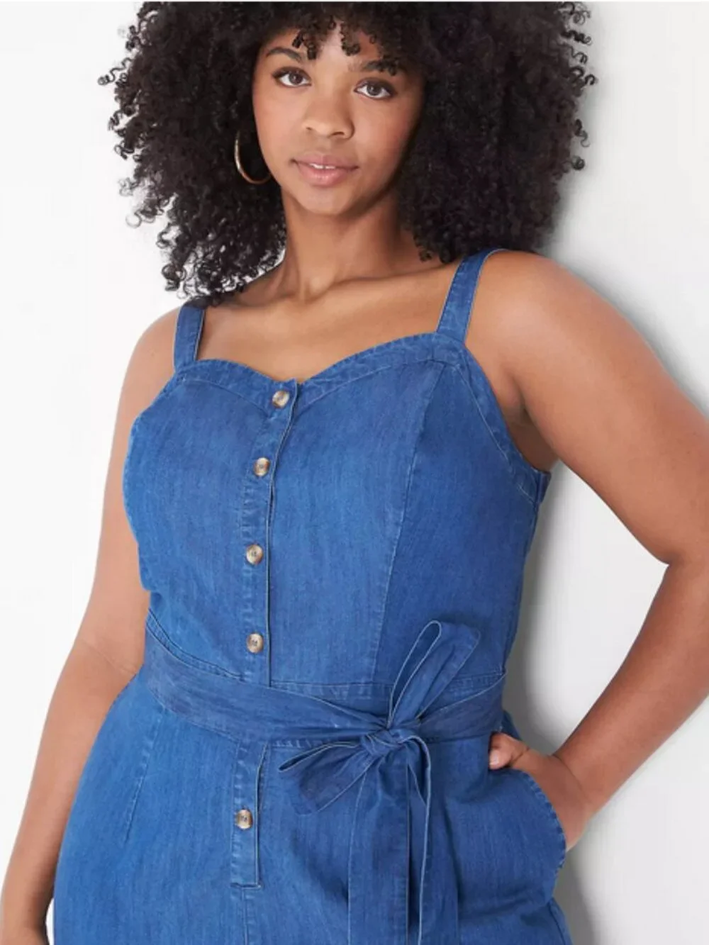 Sweetheart-Neck Chambray Crop Jumpsuit - Picture 3 of 3